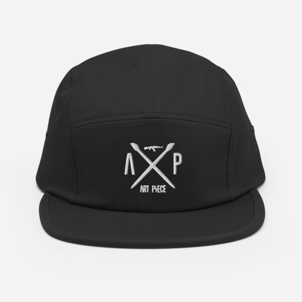 White on black embroidered 5 panel ArtPiece hat